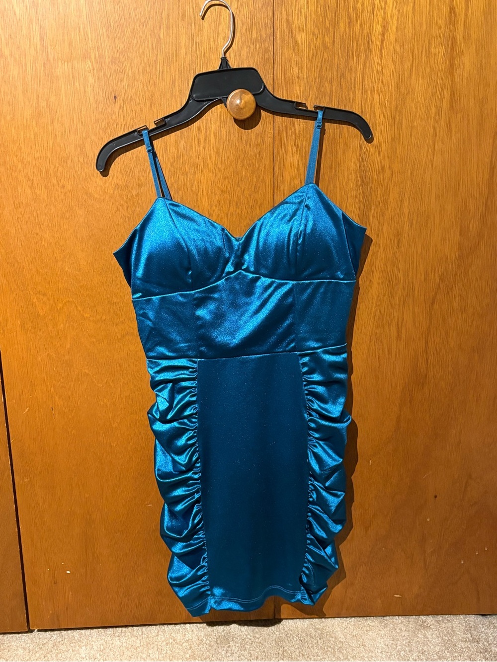 Teal Satin Ruched Bodycon Mini Dress